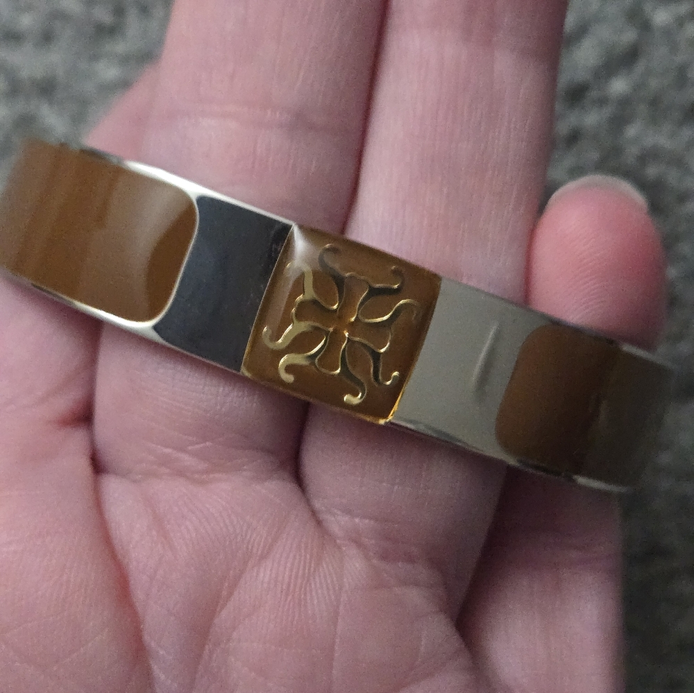Rustic Cuff  Brown  Enamel Gold Tone GT Logo Clasp Hinged Silver Bangle Bracelet